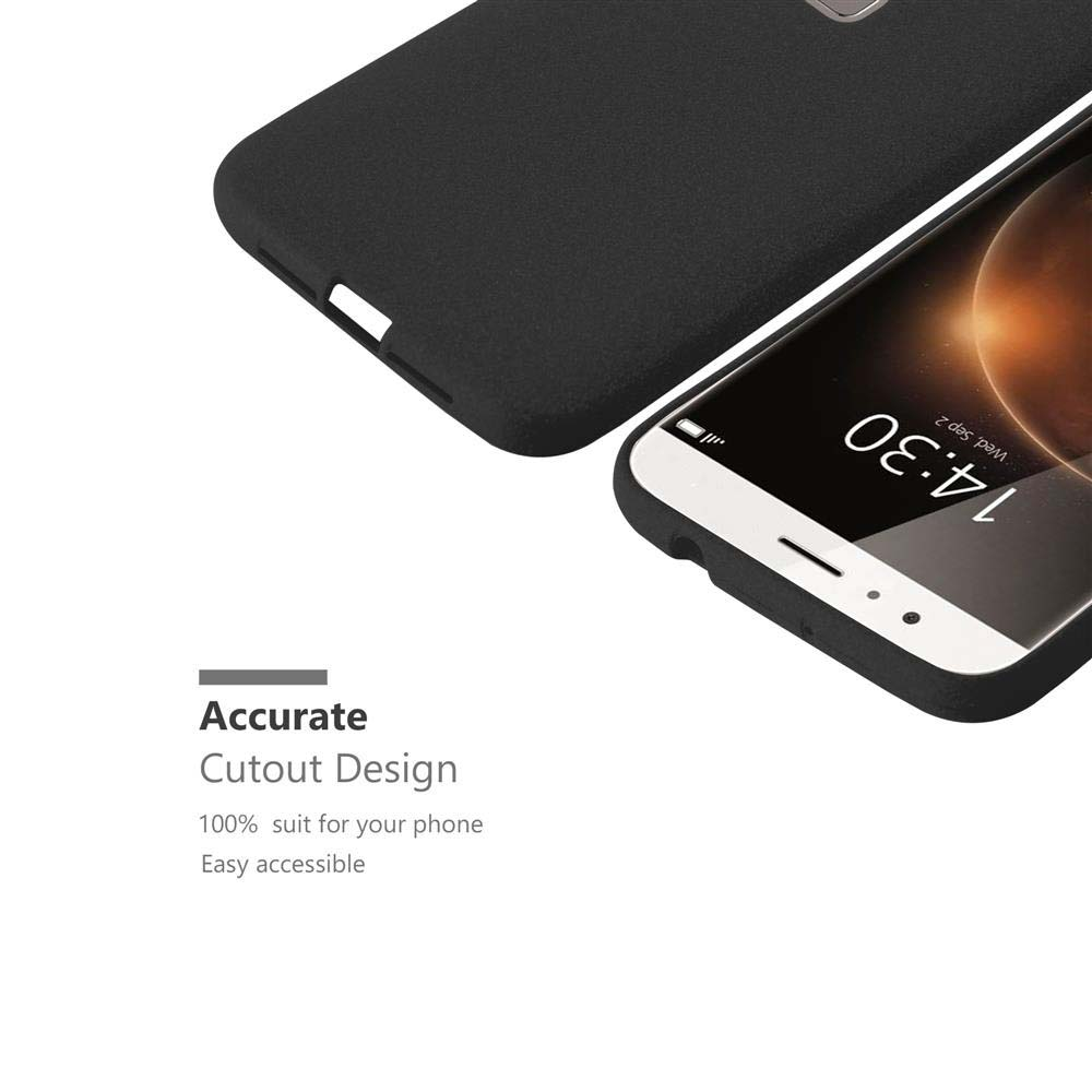 Funda de teléfono y teléfono negros. La funda tiene un recorte. El teléfono muestra la hora. Fondo blanco.