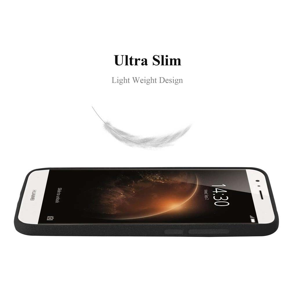 Un teléfono negro sobre una superficie blanca. Texto: Ultra delgado, diseño ligero.
