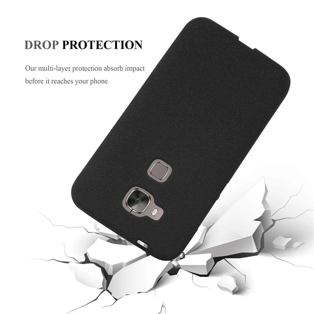 Una funda negra inclinada sobre piedra agrietada. Texto: Drop Protection. Absorbe impactos.