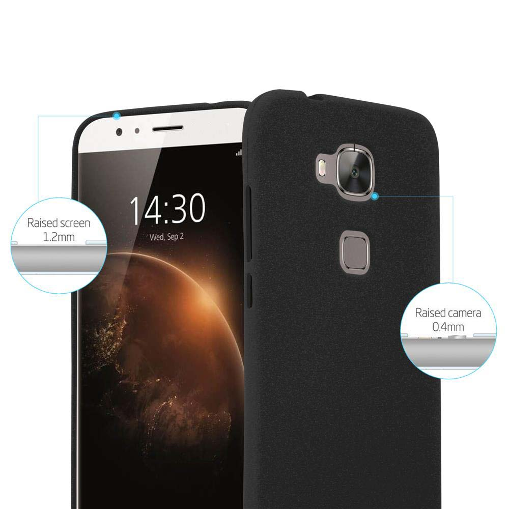 Una funda de teléfono con las medidas del borde elevado de la pantalla y la cámara, que se muestra en un teléfono negro.