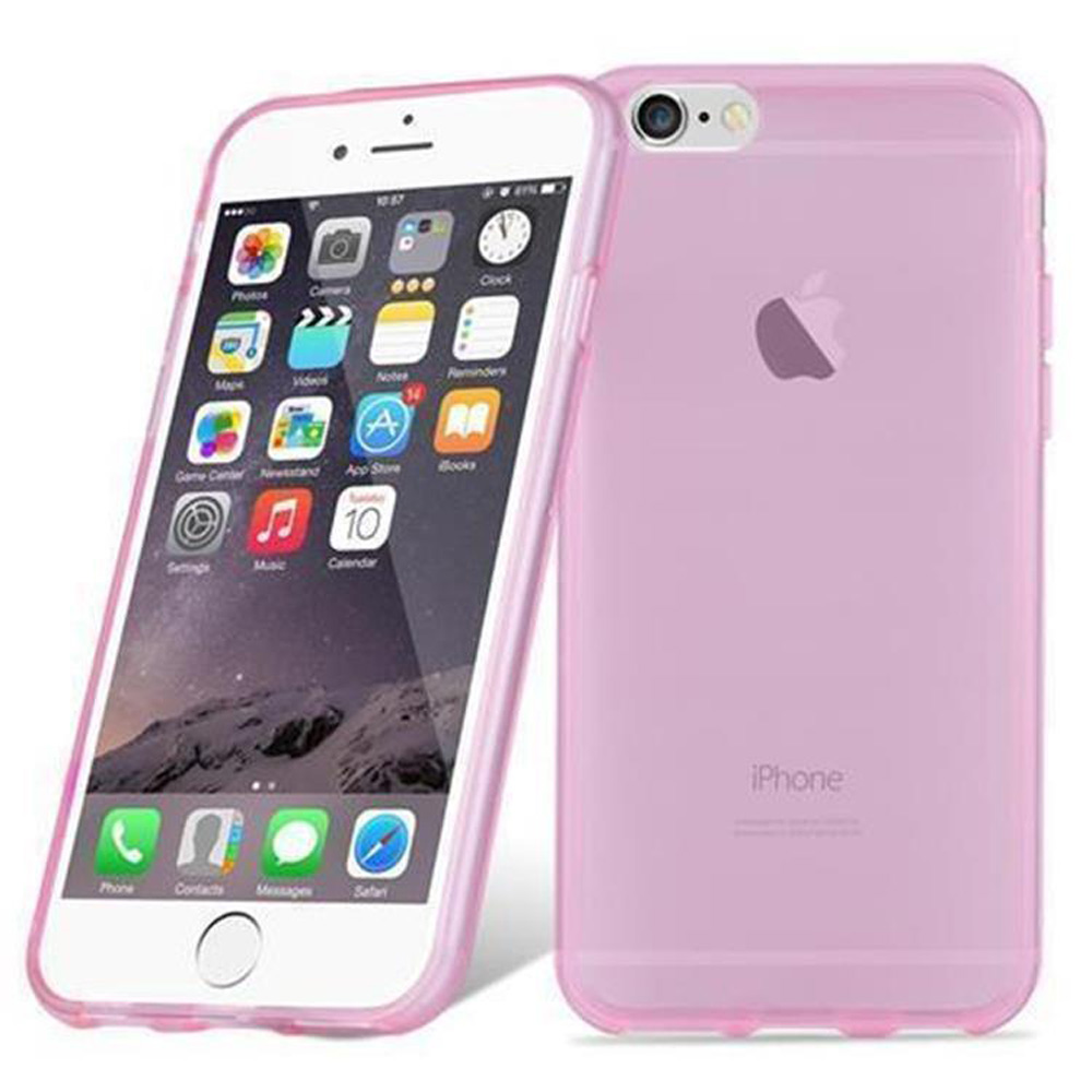 Rosa Telefon mit Apps auf dem Bildschirm und rosa Hülle, auf weißem Hintergrund.