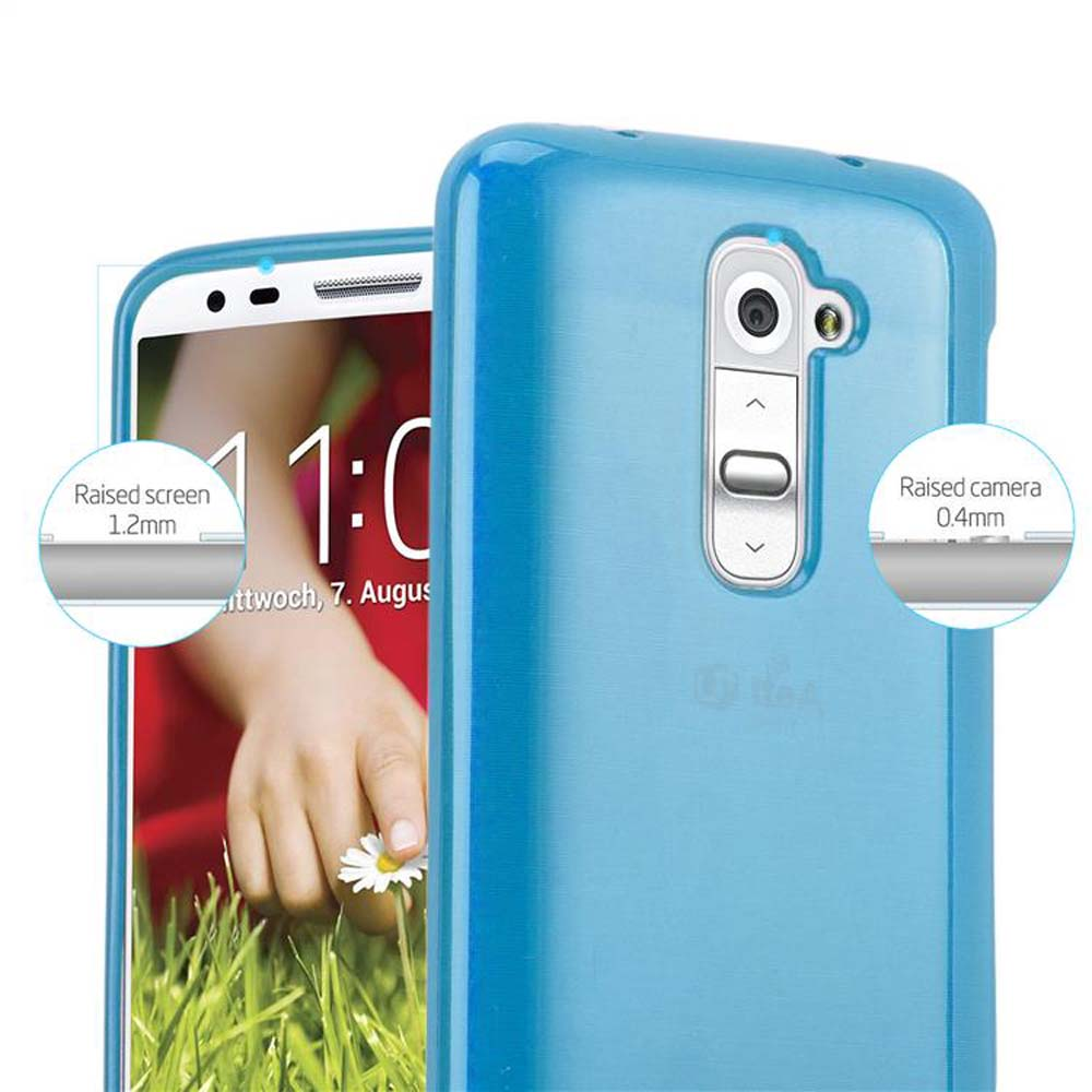 Funda azul con teléfono. Bordes elevados alrededor de la pantalla y la cámara.
