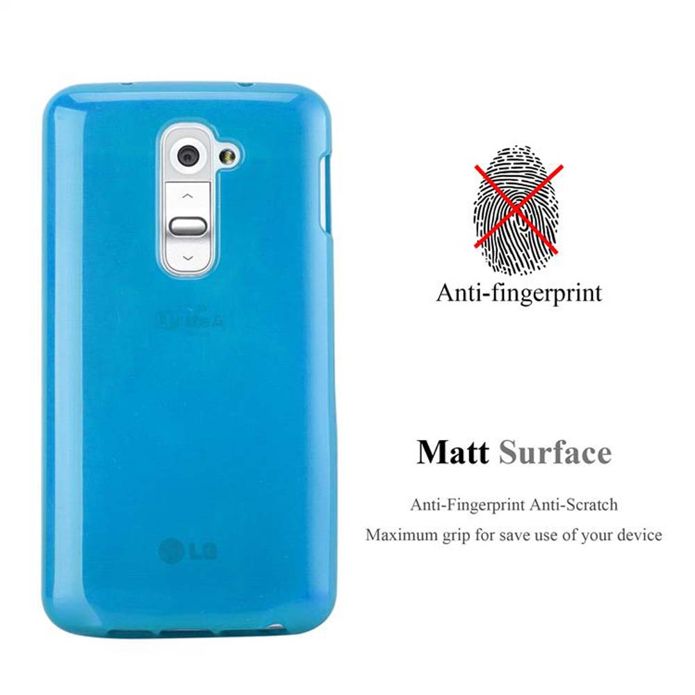 Una funda de teléfono azul con el logotipo de LG, icono de huella dactilar y texto 'Matt Surface'.