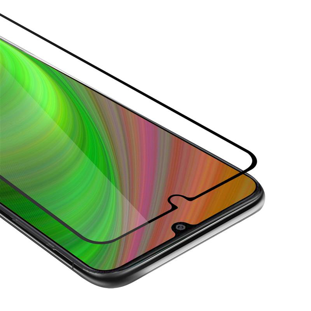 Un telefono con una protezione per lo schermo applicata. Lo schermo ha un motivo colorato e una cornice nera.