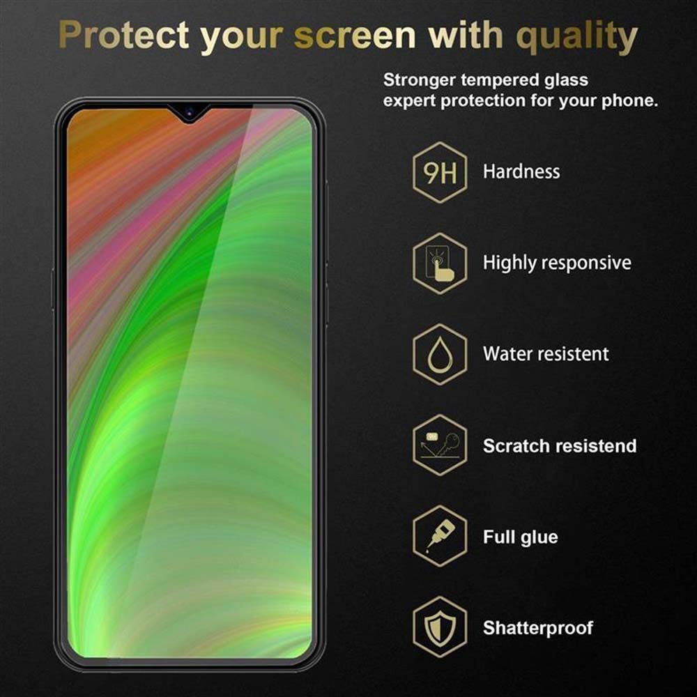 Un telefono con una protezione per lo schermo è mostrato con più funzioni di protezione elencate.