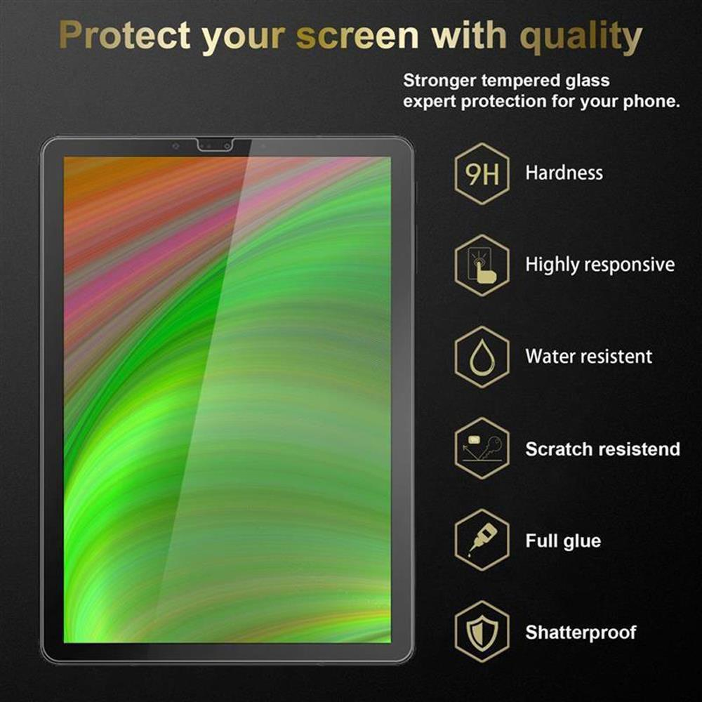 Uno schermo del tablet con colori verdi e gialli e il testo 'Proteggi il tuo schermo'.