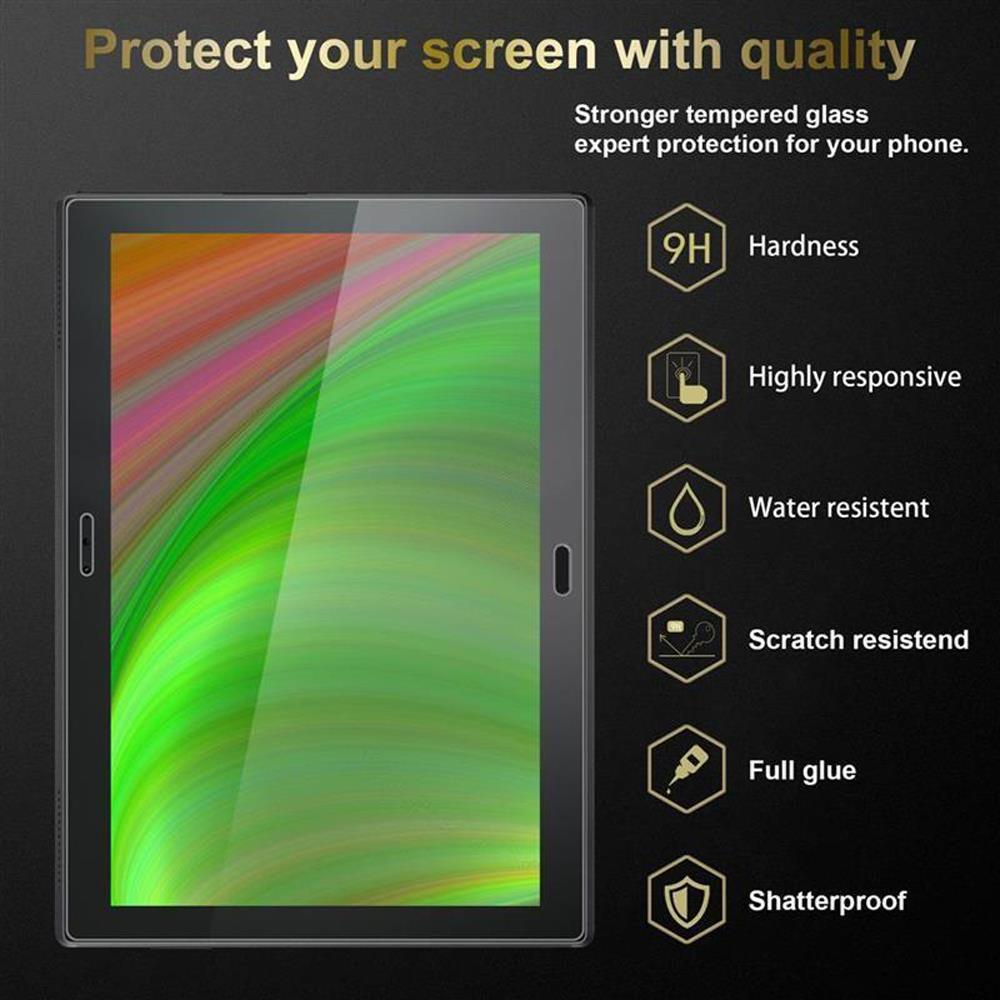 Protezione schermo per tablet. Testo: Proteggi il tuo schermo con qualità. Punti salienti includono durezza, resistente all'acqua.