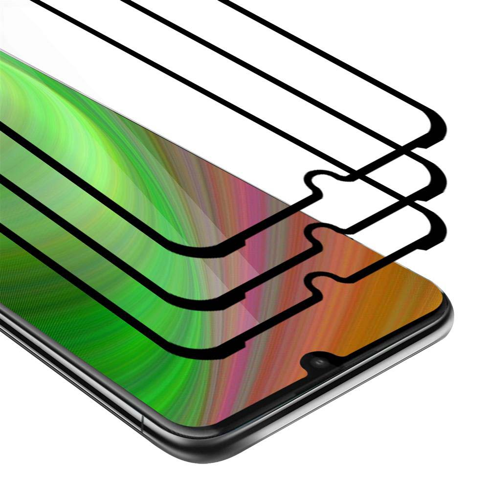 Tre protezioni schermo in vetro su un telefono, con display colorato.