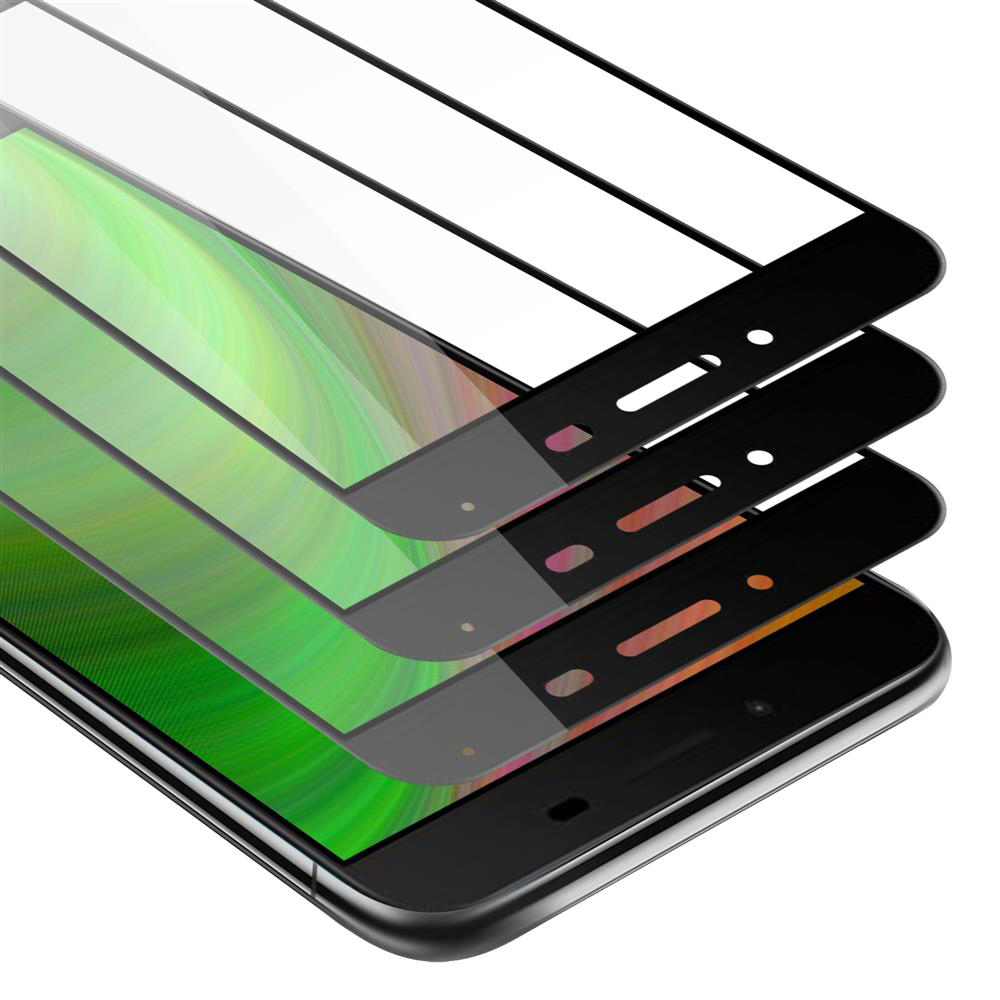 Tre protezioni schermo su un telefono, ciascuna parzialmente staccata, vista angolata su bianco.