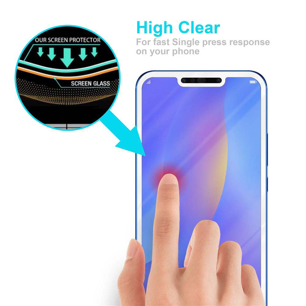 Schermo del telefono con protezione schermo, dito che tocca lo schermo, con testo 'High Clear'.