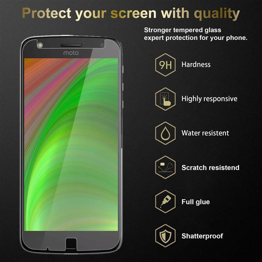 Un telefono con protezione schermo e testo che descrive le caratteristiche, come durezza e resistenza.