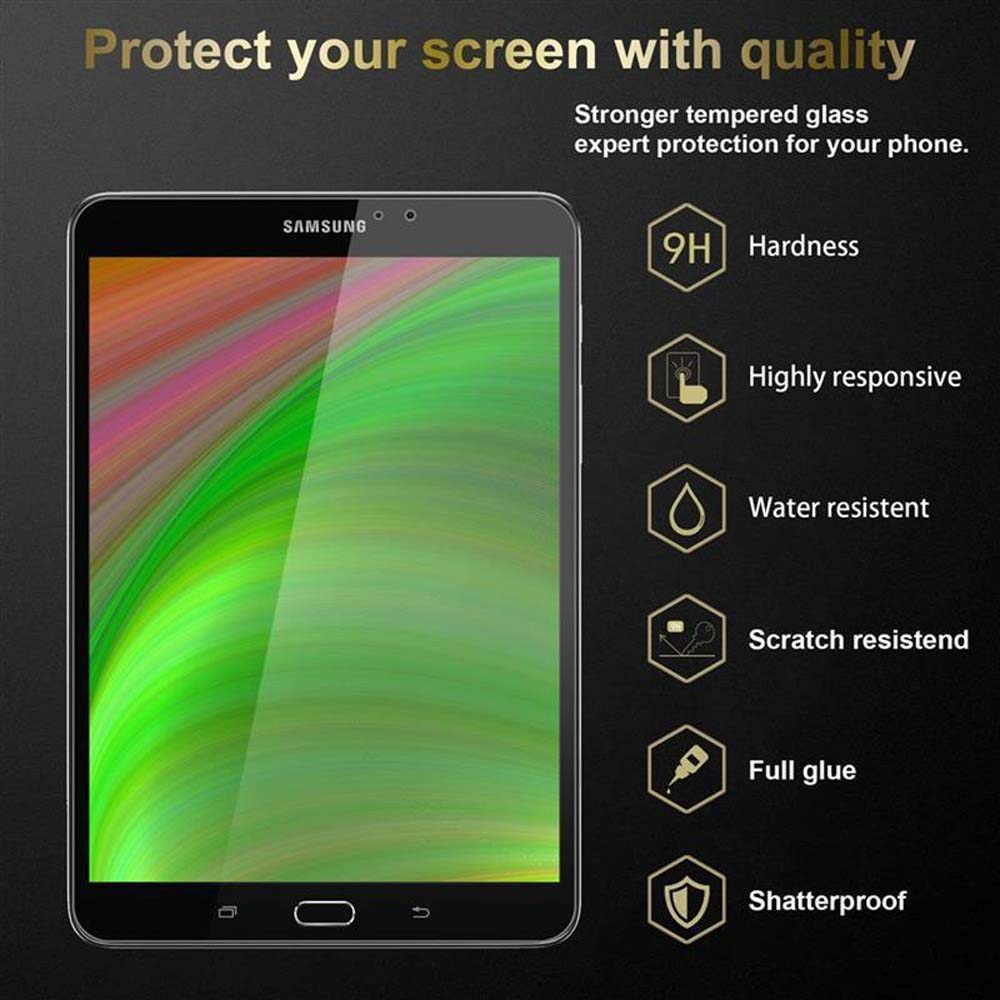 Schermo del tablet con testo sulla protezione: Durezza, alta reattività, resistenza all'acqua e ai graffi, colla completa.