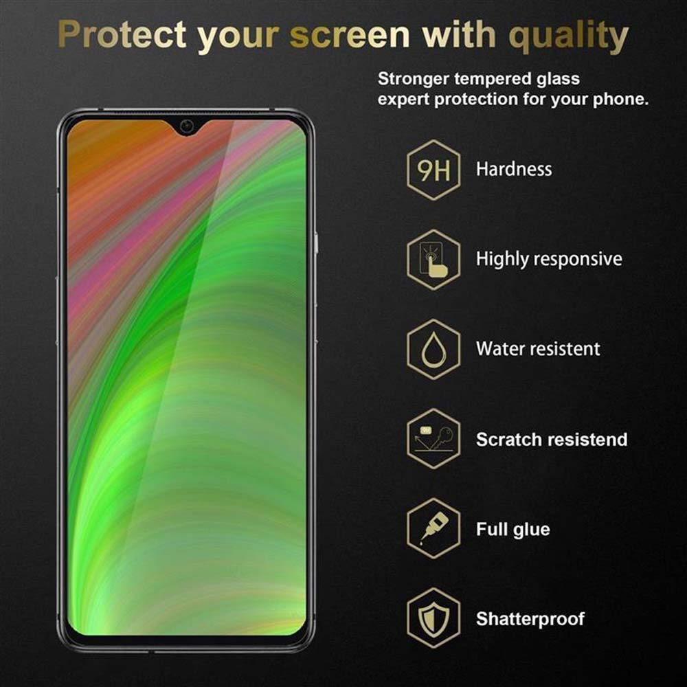 Pantalla de teléfono con fondo colorido y texto que describe las funciones de protección de pantalla.