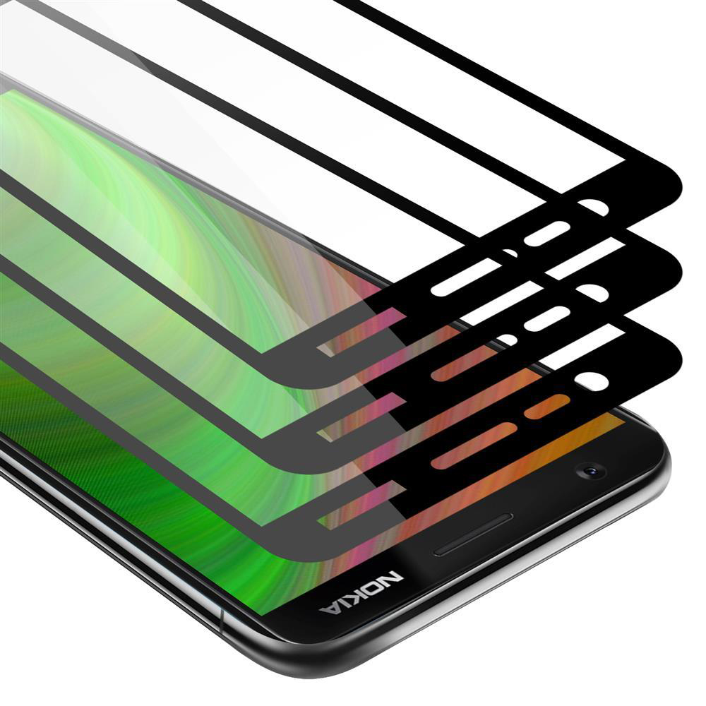 Tre protezioni schermo su uno schermo del telefono. Il telefono ha uno sfondo verde e arancione. Il testo dice: Nokia.