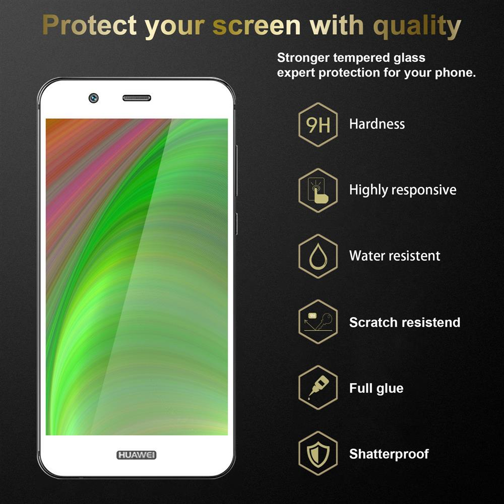 Un telefono con protezione schermo. Testo: Proteggi il tuo schermo con qualità. Icone per durezza, resistente all'acqua.