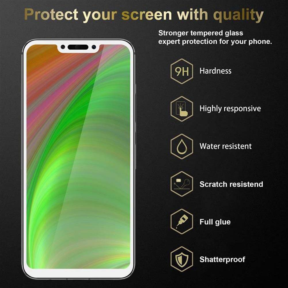 Viene mostrato un telefono con una protezione per lo schermo. I dettagli includono durezza, reattività, resistenza all'acqua e ai graffi, colla completa e infrangibile.