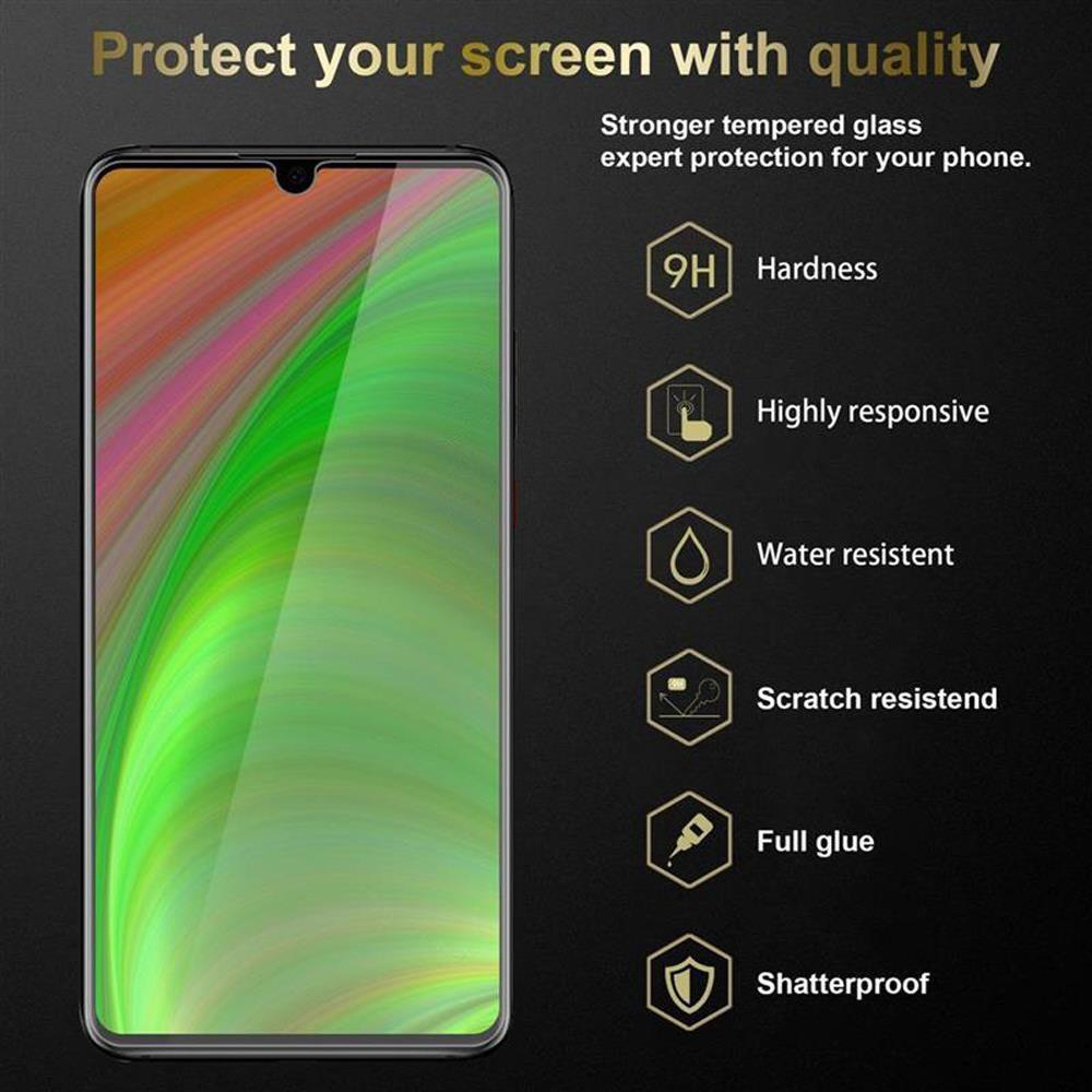 Un telefono con protezione per schermo, evidenziando le caratteristiche. Icone e testo descrivono le qualità di protezione.