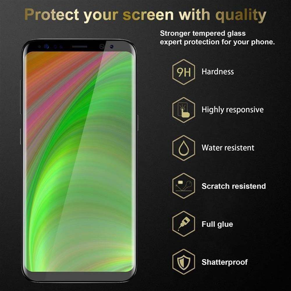 Schermo dello smartphone con icone delle funzioni di protezione, tra cui durezza, reattività, resistenza all'acqua.