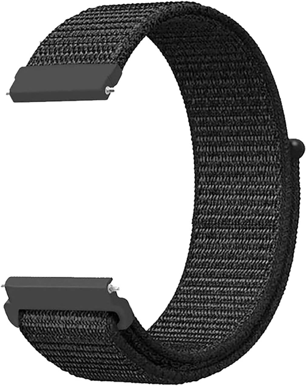 Schwarzes Uhrenarmband. Gewebtes Material. Schwarze Kunststoffverbinder. Weißer Hintergrund.