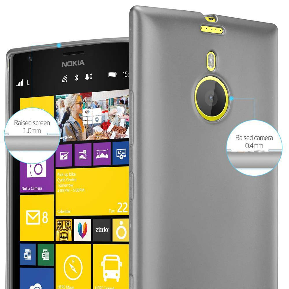Un telefono con una custodia grigia. Il testo sul telefono dice: Nokia Camera. Lo schermo mostra le app.