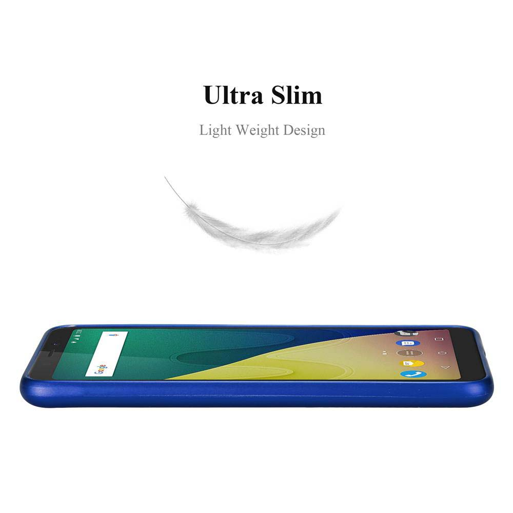 Eine blaue Handyhülle mit einem Telefon. Das Telefon ist schlank, mit einer Feder darüber.