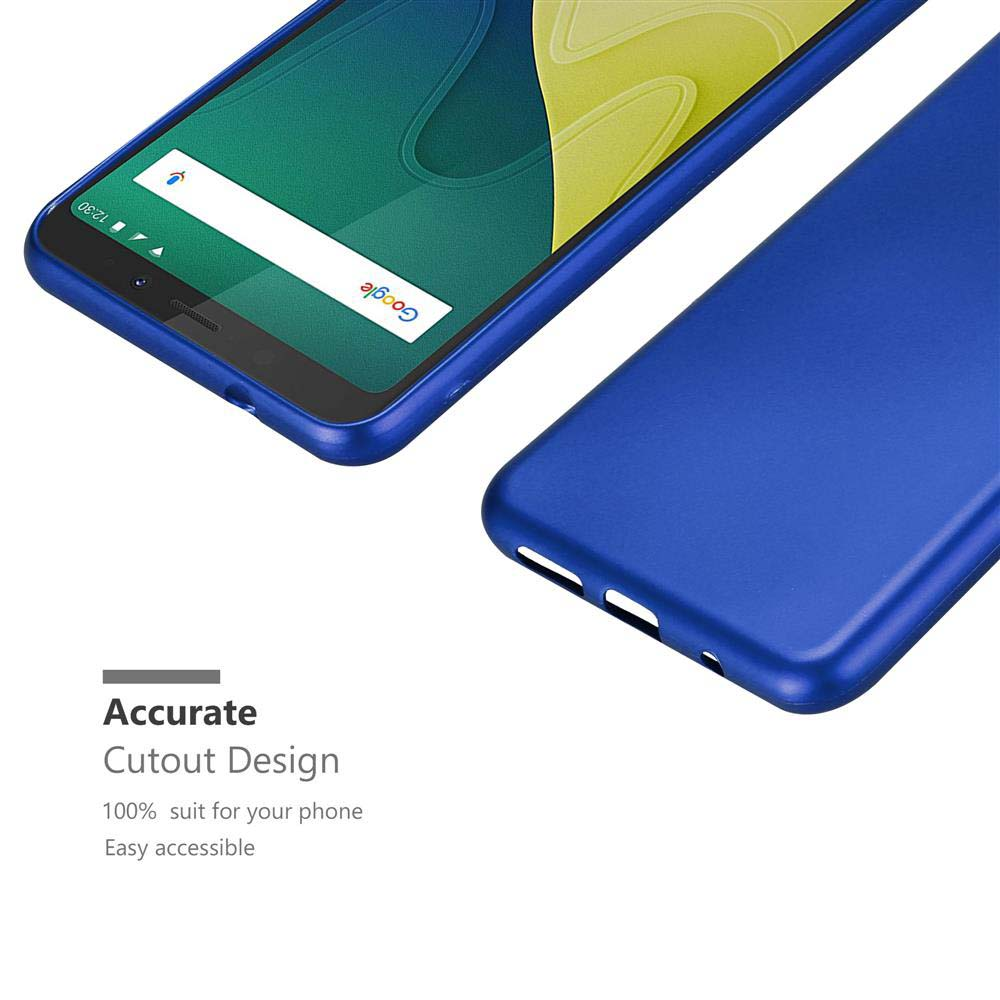Zwei blaue Handyhüllen, eine bedeckt ein Handy mit Google auf dem Bildschirm, die andere zeigt die Rückseite. Präzises Design.