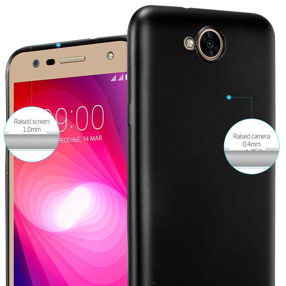 Custodia nera, aperta, che mostra il telefono. Testo e cerchi indicano le aree rialzate dello schermo e della fotocamera.
