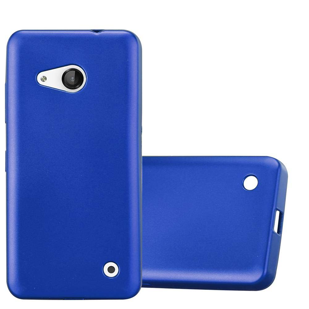 Dos fundas azules para teléfono. Una es la trasera y otra la lateral.