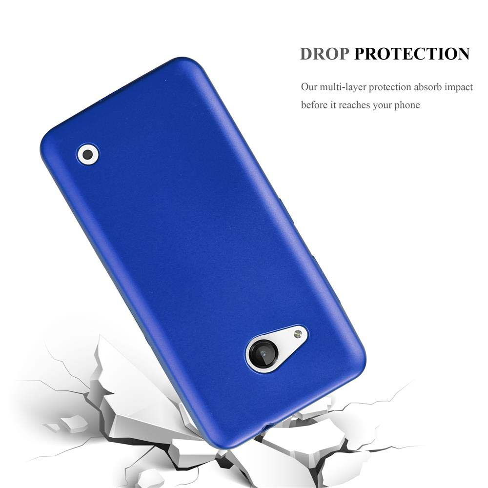 Funda azul para teléfono que se cae, con grietas en el suelo. Texto: Protección contra caídas.