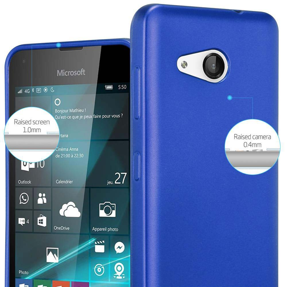 Funda de teléfono azul en un teléfono. El teléfono está en el lado izquierdo de la imagen.