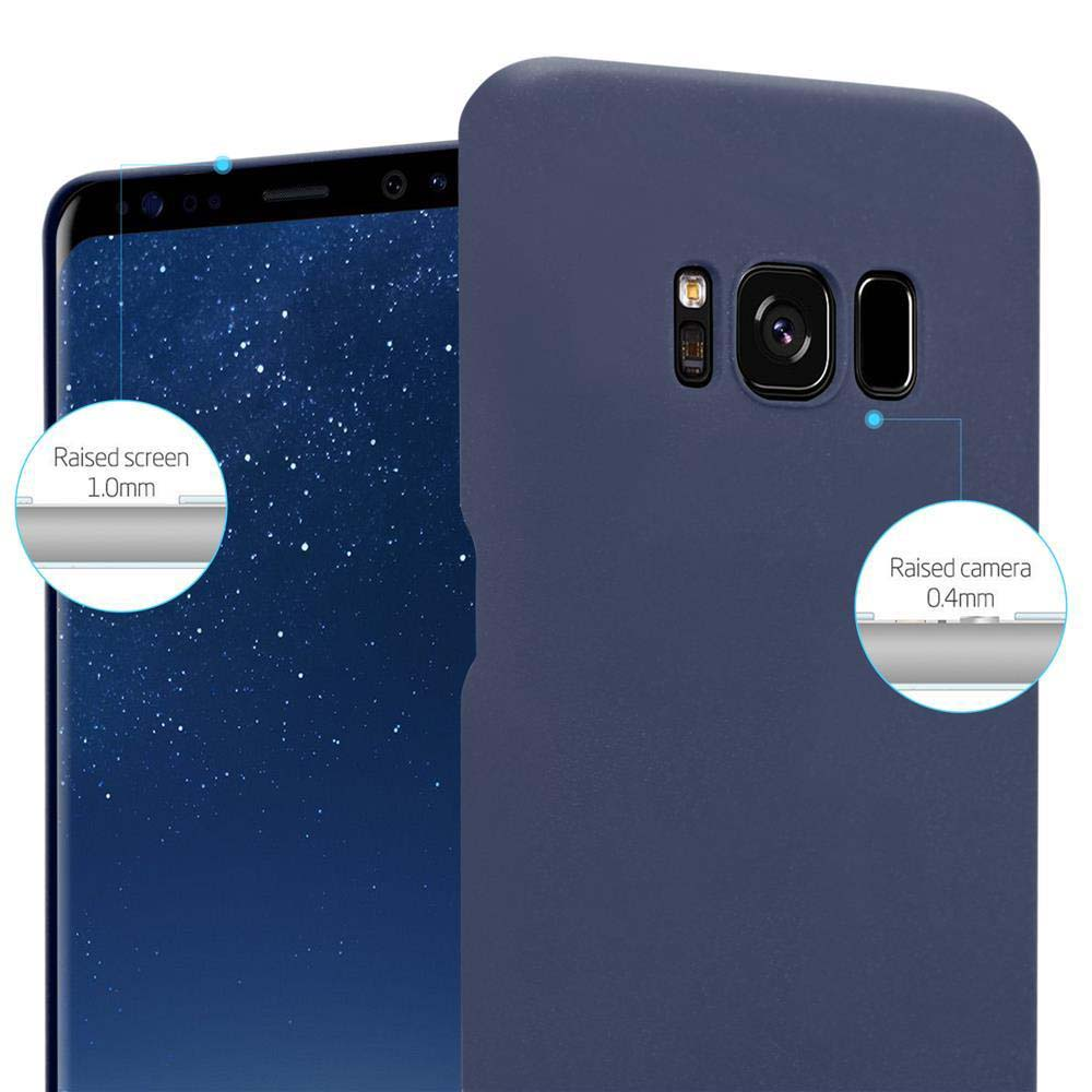 Blaue Handyhülle, Detail von erhöhtem Bildschirm und Kamera, dunkles Telefondisplay.