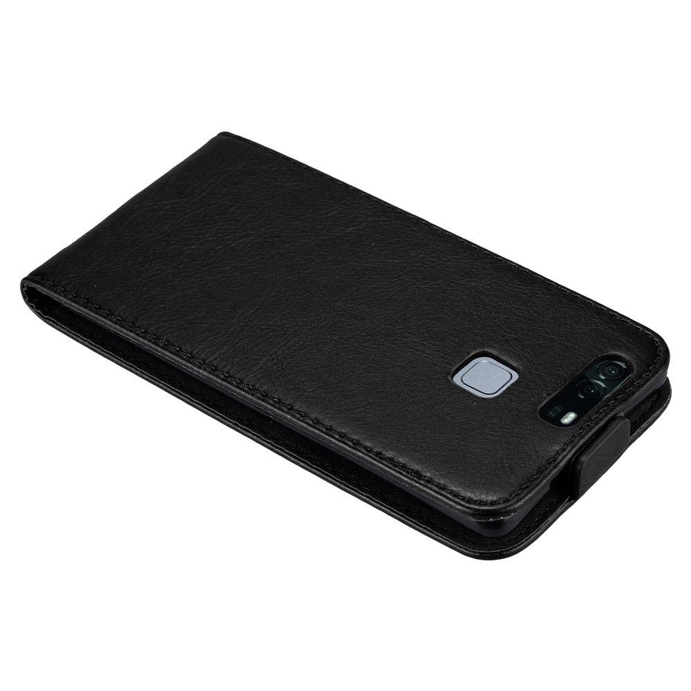 Una funda negra para teléfono, abierta, que muestra el teléfono en el interior. La funda es de cuero.