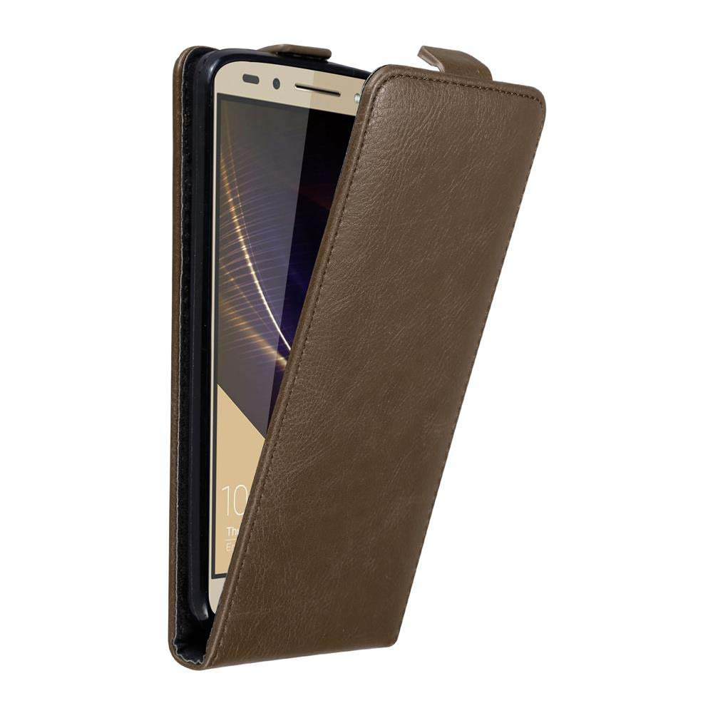 Custodia marrone aperta, mostra telefono. Il telefono mostra una cornice dorata.