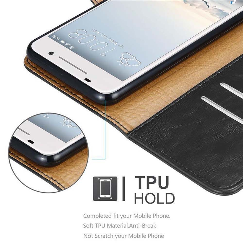 Un teléfono en una funda de cuero. El texto dice 'TPU HOLD' y 'Ajuste completo para tu teléfono móvil'.