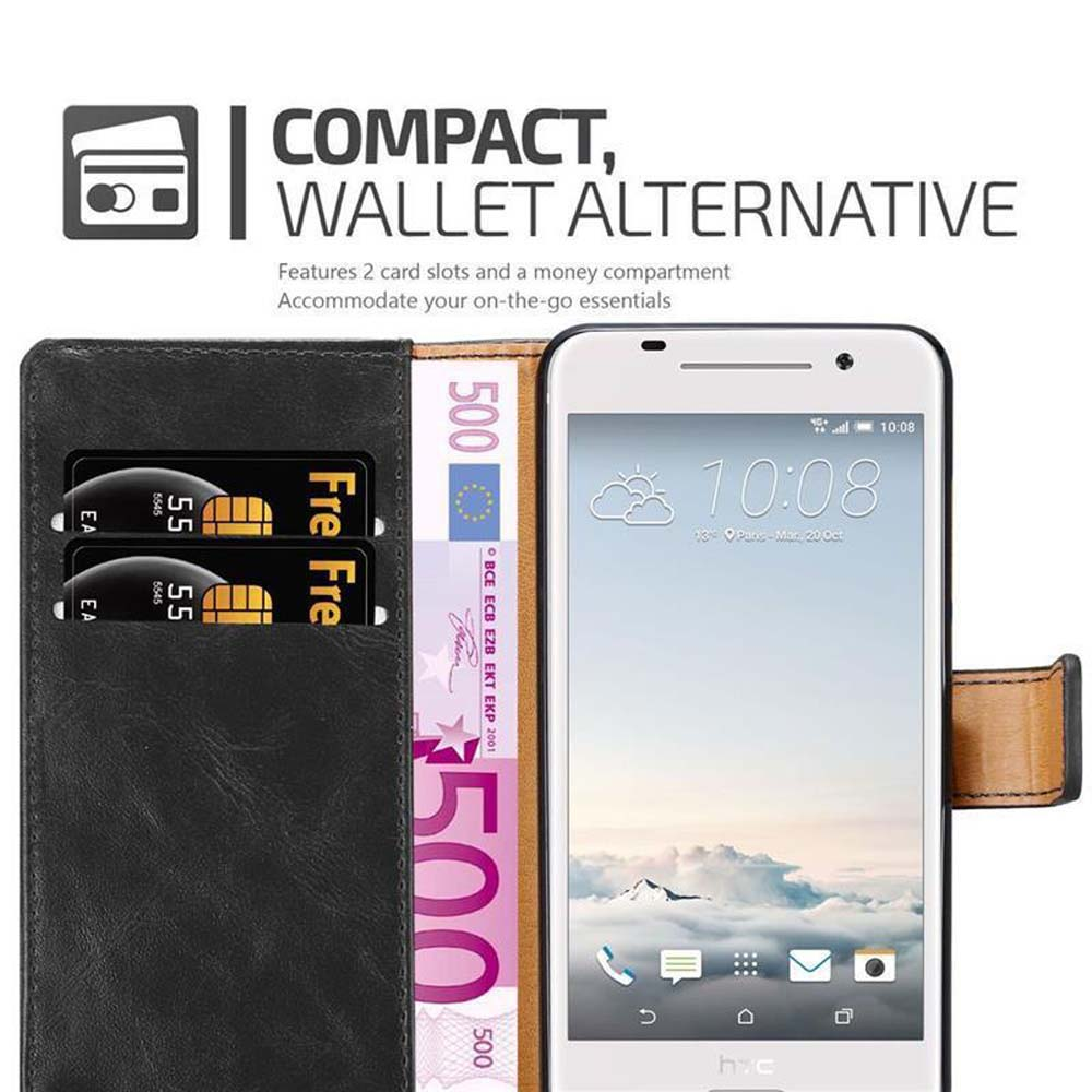 Un teléfono en una funda tipo cartera con tarjetas de crédito y efectivo, mostrando una alternativa compacta.