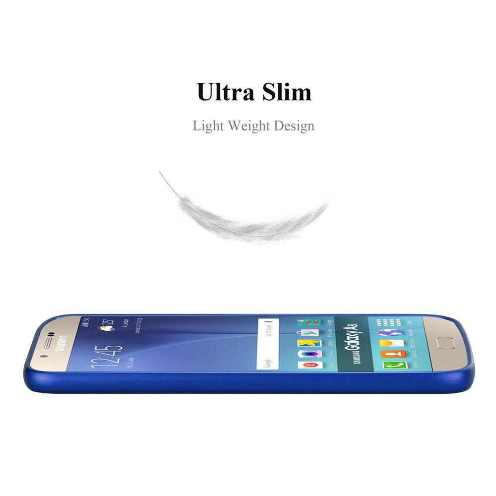 Eine blaue Handyhülle mit einem Telefon darin. Eine weiße Feder schwebt über dem Telefon. Es ist ultra schlank.