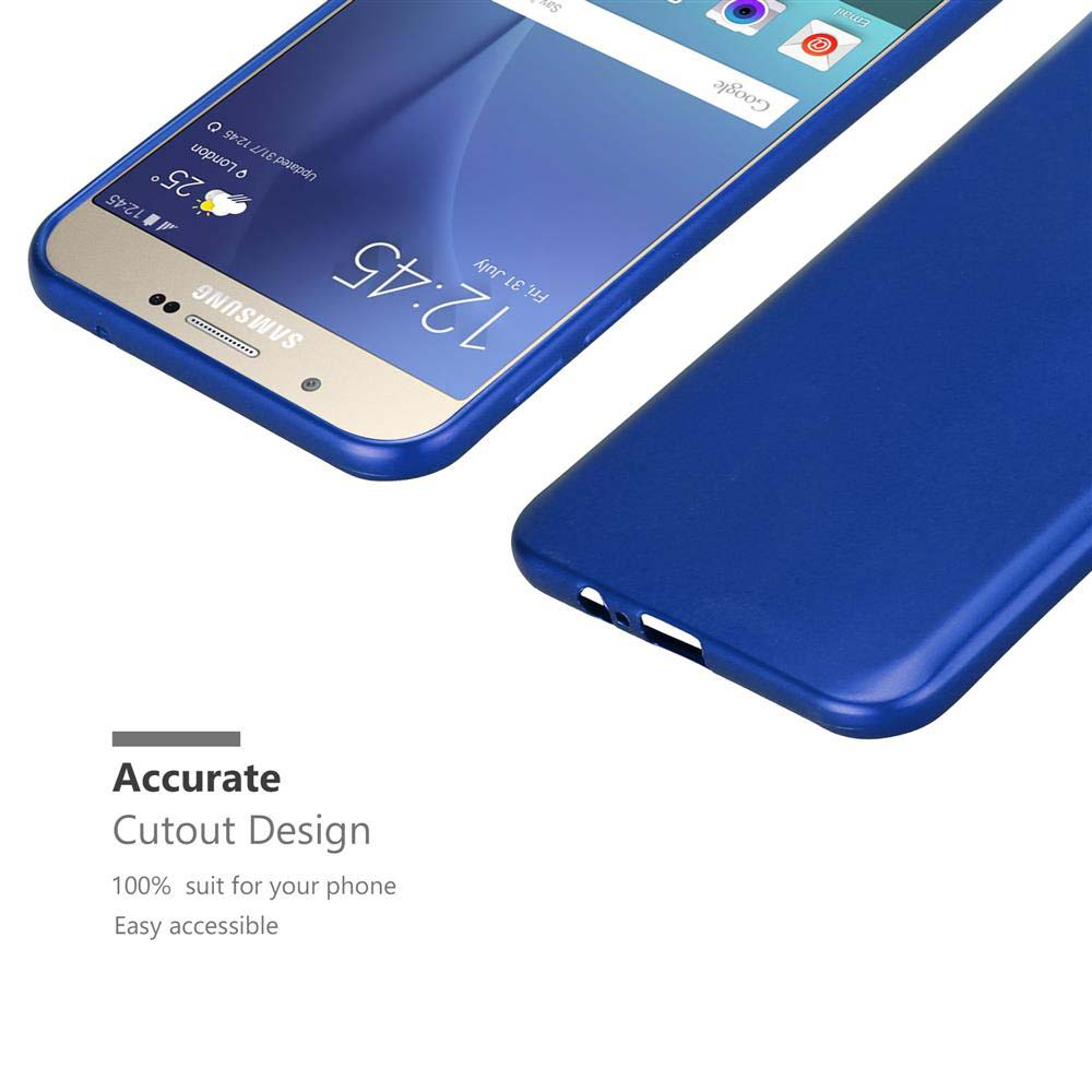 Blaue Handyhülle mit Telefon. Das Telefon zeigt die Uhrzeit. Nahaufnahme von Telefon und Hülle.