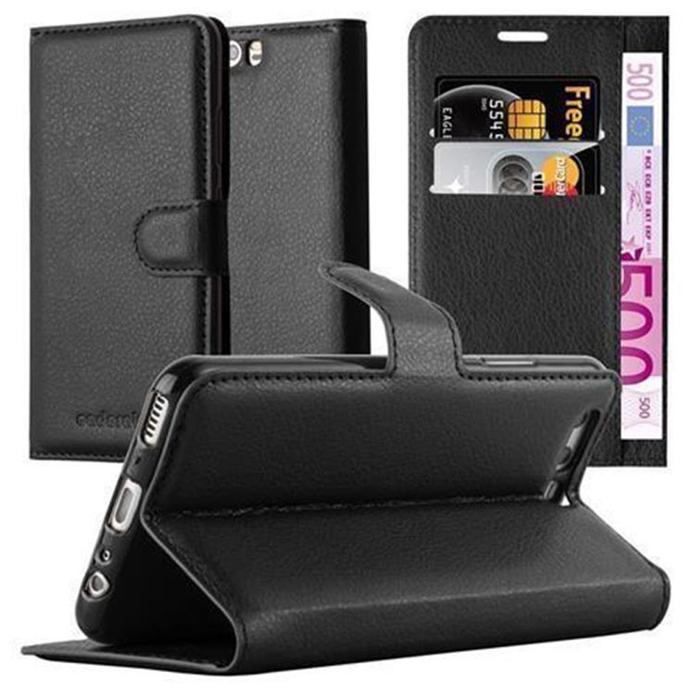 Custodia nera con telefono. La custodia ha fessure per carte e denaro.