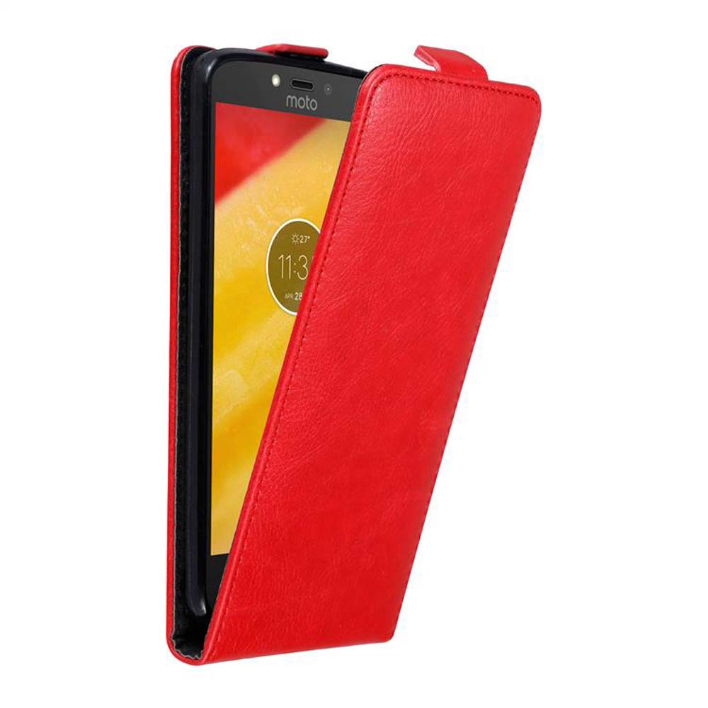 Custodia rossa per telefono, telefono all'interno. Lo schermo del telefono mostra un'interfaccia con l'ora.