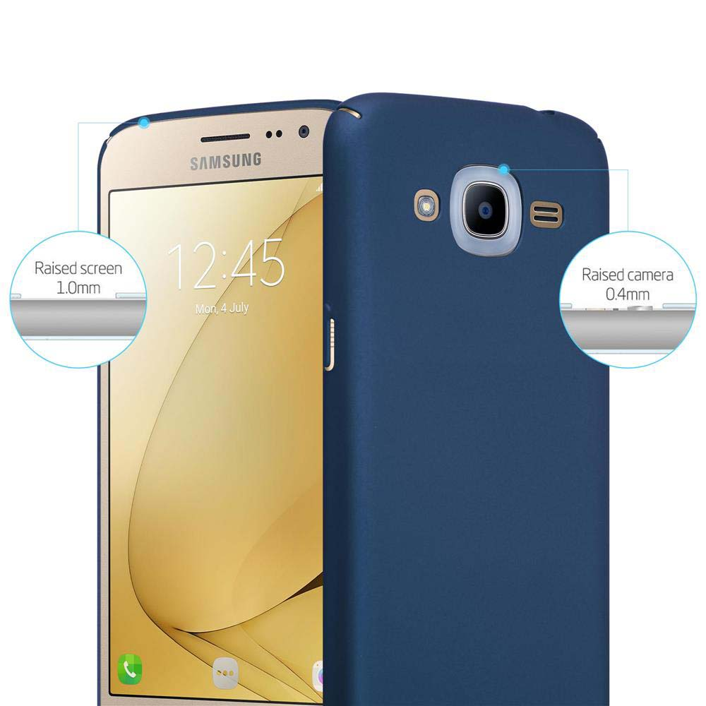 Blaue Handyhülle mit goldenem Telefon. Text zeigt erhöhten Bildschirm- und Kamerabereich.