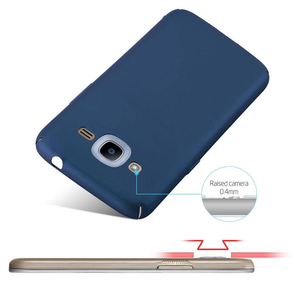 Blaue Handyhülle mit Kamera. Das Telefon liegt auf einer Oberfläche. Text-Overlay.
