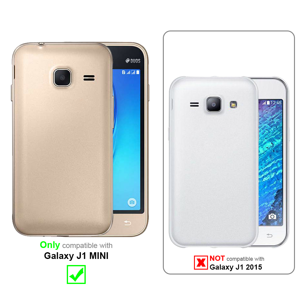 Due telefoni, uno oro, l'altro bianco, con testo che indica la compatibilità per Galaxy J1 MINI.