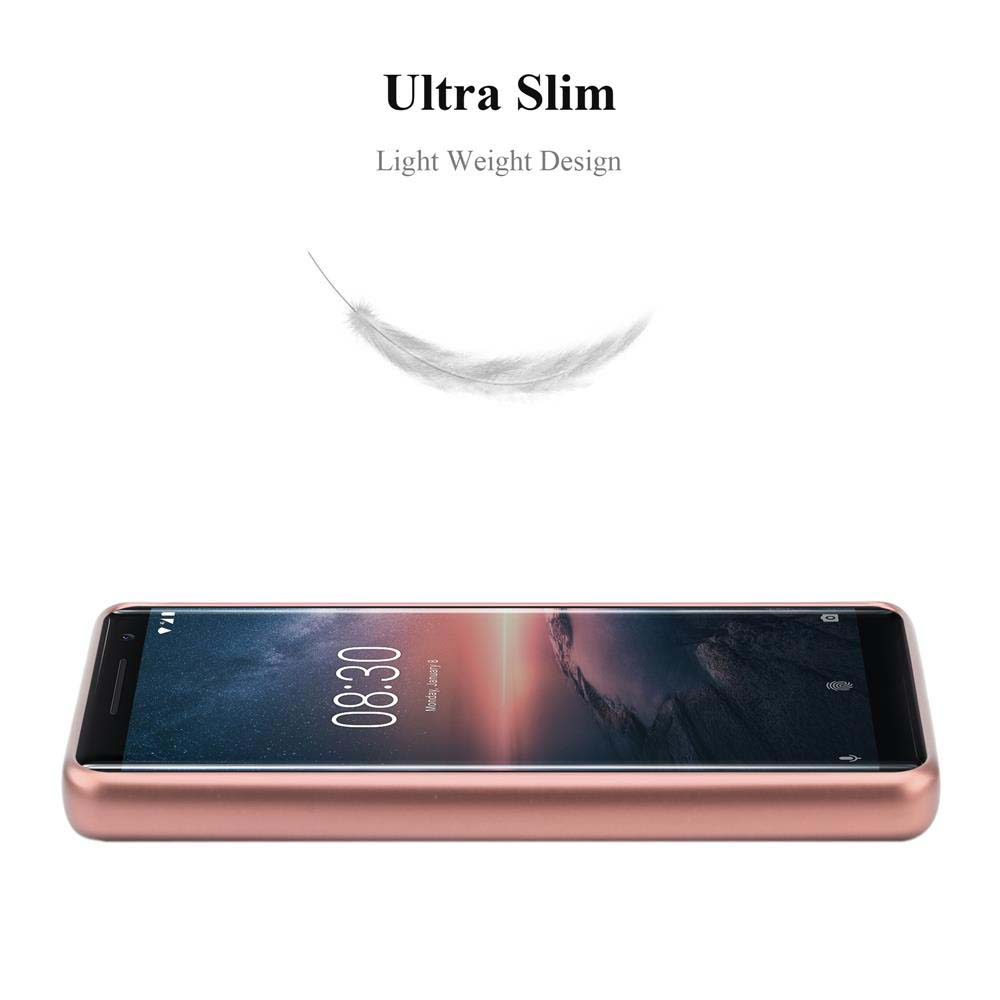 Ein Telefon in einem roségoldenen Gehäuse mit einer leichten Feder, die vor einem weißen Hintergrund darüber schwebt.