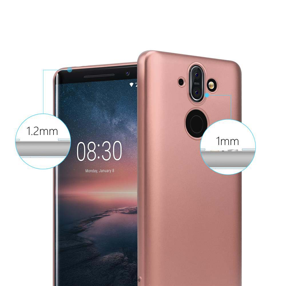 Roségoldene Handyhülle mit Telefon. Der Telefonbildschirm zeigt die Zeit an. Kanten details hervorgehoben.