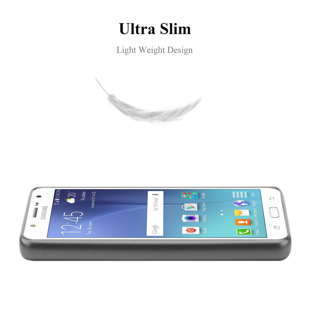 Ein Telefon in einer schwarzen Hülle mit einer Feder darüber. Der Bildschirm zeigt Symbole an. Text Ultra Slim Light Weight Design.