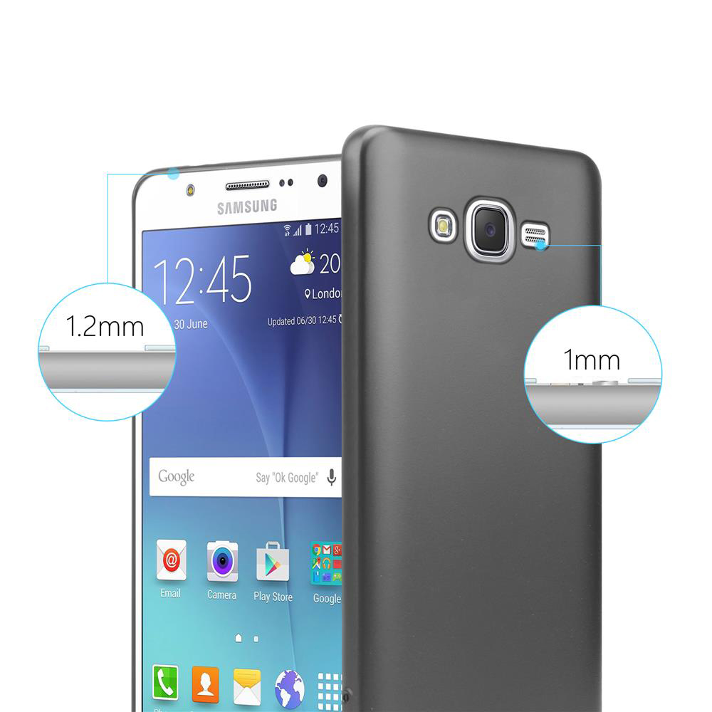 Weißes Telefon mit Display und grauer Handyhülle, Seitenansicht mit Maßen.