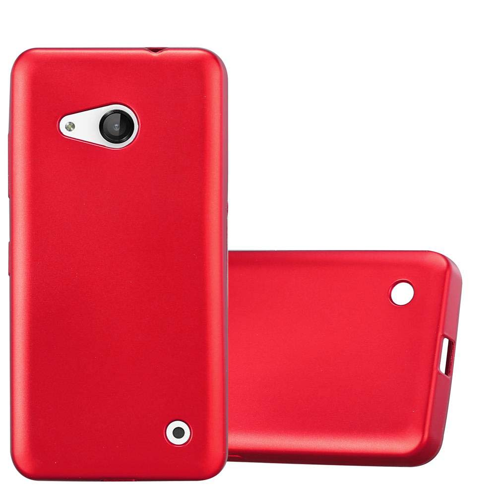 Dos fundas rojas para teléfono. Una está de pie, mostrando la parte trasera. La otra está plana.
