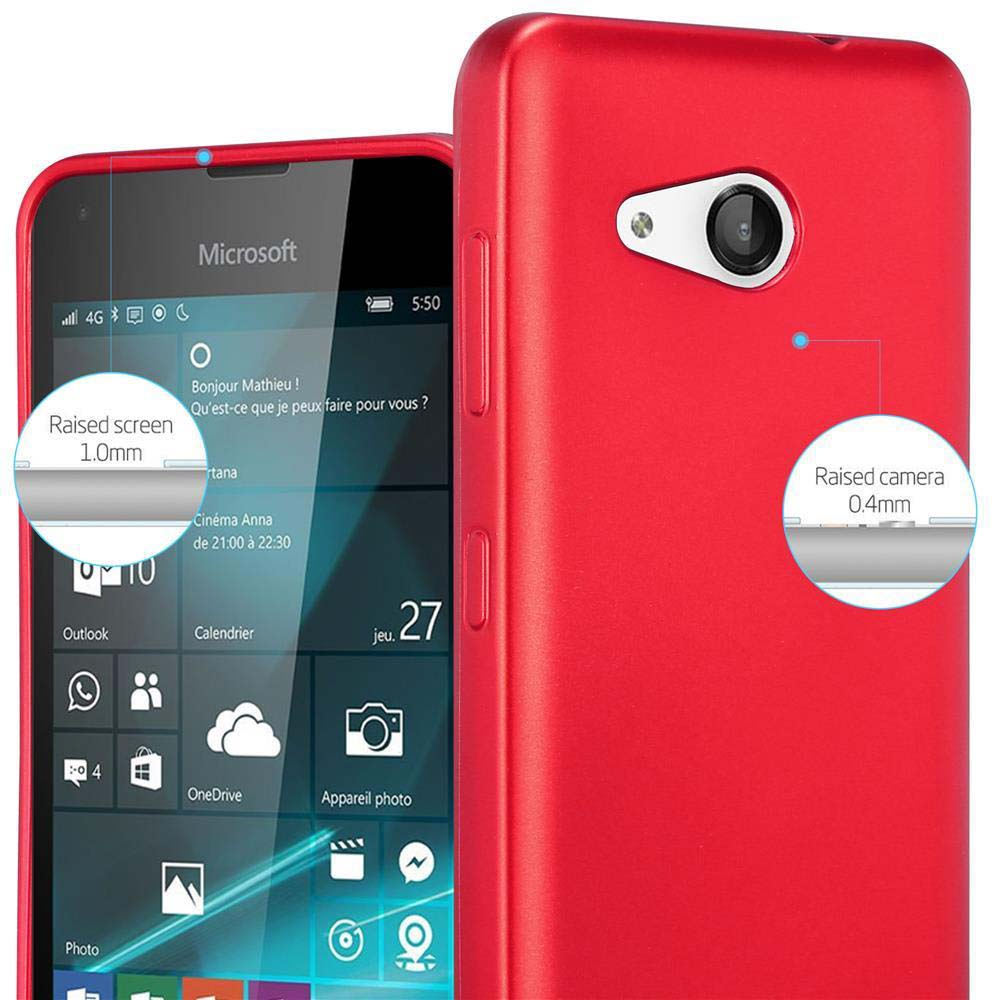 Teléfono y funda rojos. La pantalla del teléfono muestra una interfaz. El texto destaca la protección de pantalla y cámara.