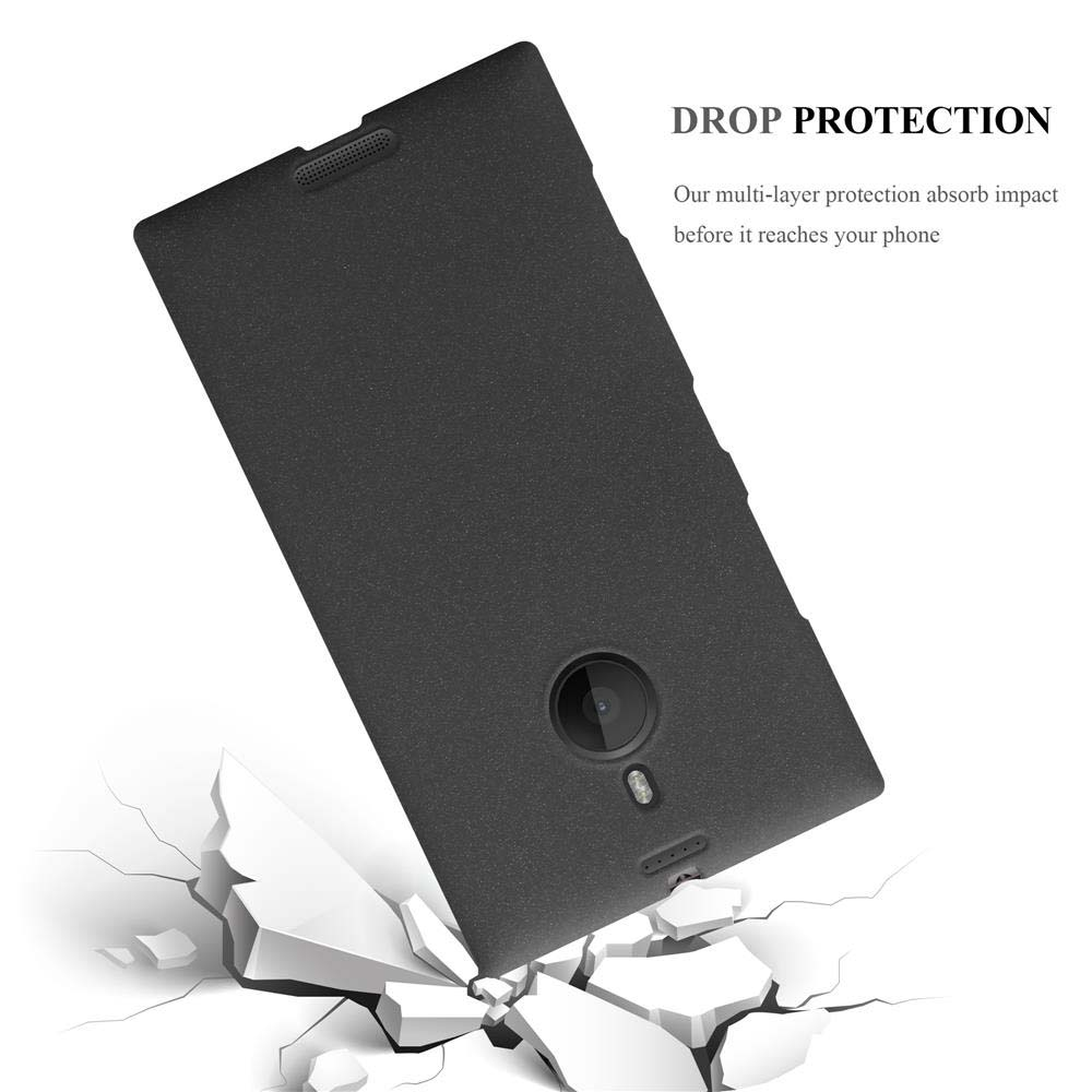 Custodia nera per telefono che cade su terreno crepato. Testo: 'DROP PROTECTION'.