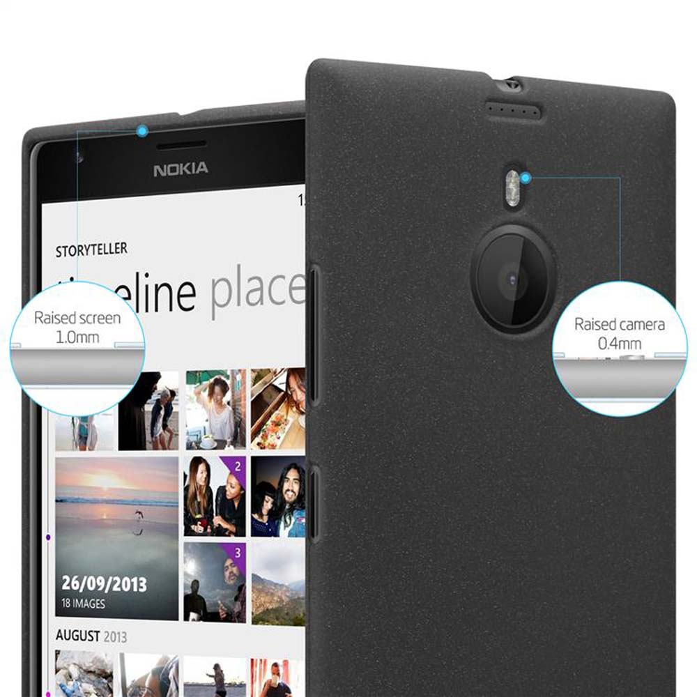 Telefono nero con custodia. La custodia ha schermo e fotocamera rialzati, con immagini sullo schermo.